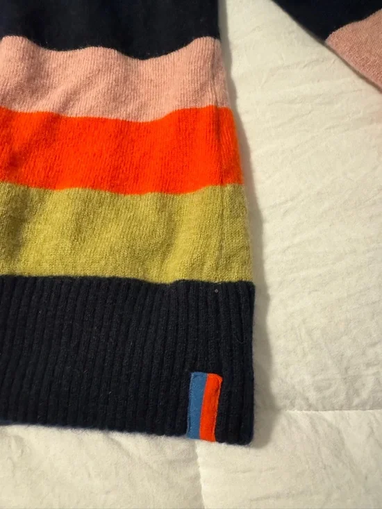 KULE Navy-Trim Striped V-Neck Cardigan in Coral, Teal & Olive - Picture 3 of 15